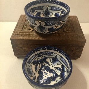 Bowls Talavera Cobalt Blue White Pottery Set of Two Hand Painted Ceramic Mexico