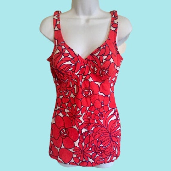 Catalina Swimsuit Vintage 60s Mod Tomato Red Purp… - image 1