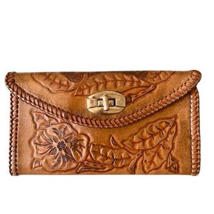 Cartera de cuero repujado estilo western, repujada a mano, cosida a mano, vintage, década de 1960