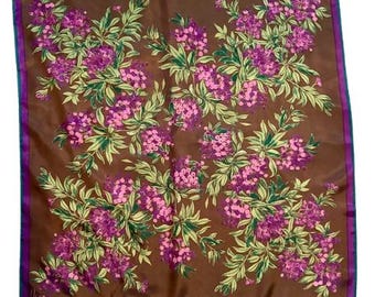 Vera Neumann Scarf Vintage 1970s Floral Brown Purples Blue Square