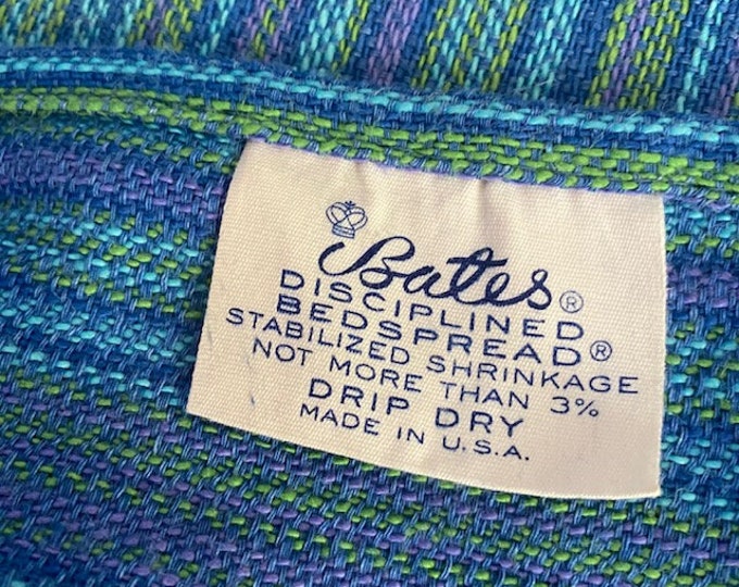 Bates Disciplined Bedspread Full Double Vintage 1960s Woven Stripe Blue Turquoise Olive Green