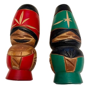 Wooden Dolls Figurines Japanese Ainu Man Woman Set of Two Folk Art Hand Carved Hand Painted Vintage 60s Kokeshi