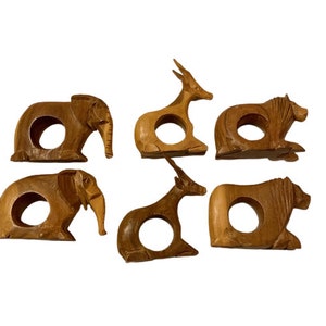 Napkin Rings Set of Six Wooden African Animals Elephants Lions Antelope Hand Carved Table Decor