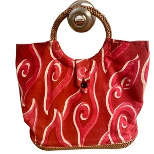 Handtasche Stoff Geldbörse Woven Rattan Griff und Korbboden Handgemacht Vintage Vegan