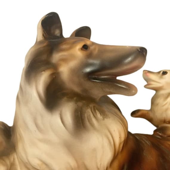 コリー犬の置物 母犬と2匹の子犬 ヴィンテージ セラミック ラッシー