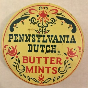 Pennsylvania Dutch Butter Mints Tin Yellow Red Blue Decorative Storage Vintage 60s