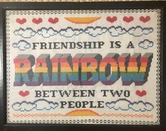 Cross Stitch Embroidery Completed Vintage 70s Framed Under Glass Colorful Handmade "Friendship Is A Rainbow Between Two People" Gallery Wall