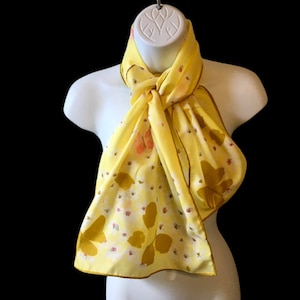 Silk Twill Scarf Vintage 60s Yellow Gold Pink Butterfly Print Oblong Hand Rolled Hems