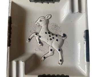 Mid Century Ashtray Trinket Dish Raised Spotted Fawn Center Black White Gold 1950s Vintage