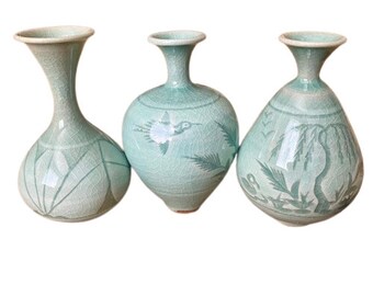 Mini Porcelain Vases Boxed Set Vintage Japan Celadon Green Birds