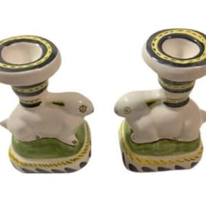 Bunny Rabbit Candleholders Set of Two Hand Painted Ceramic Portugal