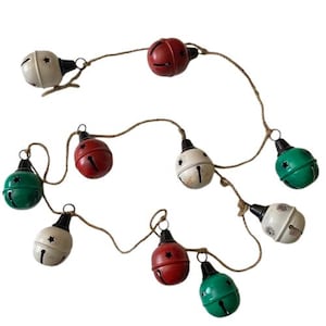 Jingle Bells Garland on Jute Large Red Green White Bells Holiday Christmas Decor