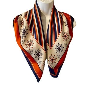 Echo Silk Scarf Nautical Theme Red White Blue Made in Japan Square Hand Rolled Hems