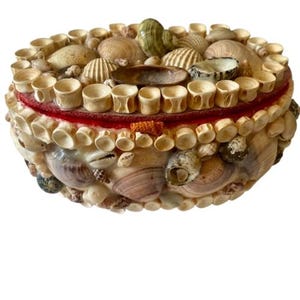 Shell Covered Trinket Oval Box Vintage 1970s Handmade Beach House Coastal Decor