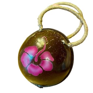 Coconut Shell Purse Handbag Wristlet Handmade Hand Painted Lined Zips Closed