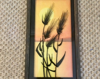 Sunset Wheat Silhouette on Glass Framed 1970s Vintage