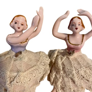 Pink and White Ballerina Figurines Set of Two Porcelain White Lace Skirts Mid Century Vintage Hand Painted