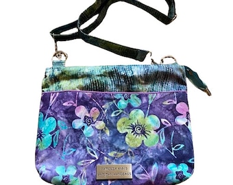 Batik Shoulder Crossbody Bag Mixed Prints Blue Green Purple Flowers