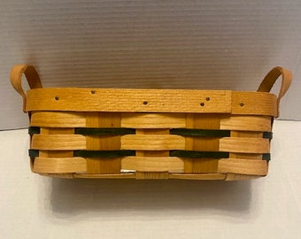 Peterboro Bread Basket Woven White Ash Strips Leather Handles Green Stripes Plastic Liner Vintage 1980s