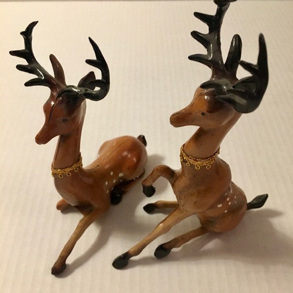 Celluloid Plastic Deer Figurines Huge Antlers Mid Century Vintage 60s Set of Two