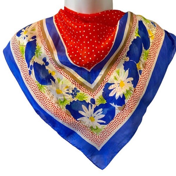 Specialty House Silk Scarf Vintage 1960s Daisies and Polka Dots Large Square Hand Rolled Hems