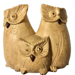 Owl Family Figurine Hand Carved Wooden Three Owls Lots of Detail