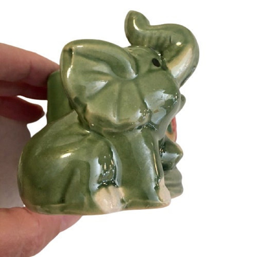 Elephant Planter Vase Ceramic Glazed Green Trunk up Flower Succulents