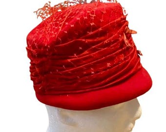 Glenover Red Wool Hat Vintage 1940s Red Netting Bows Bucket Hat