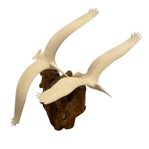 John Perry Pelicans In Flight Burl Wood Base Vintage 1970s Beach House Nautical Tiki Bar