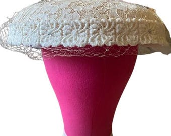 Valerie Modes Platter Style Vintage 1960s Hat White Lace Netting