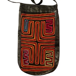 Black Leather Crossbody Bag with Mola Textile Panels Colorful Geometric Pattern