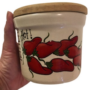 Crock R.R.P. Co Roseville Pottery 1 Pint Low Crock Wooden Lid 1980s Chile Peppers Salsa Jar Hot Hot Hot