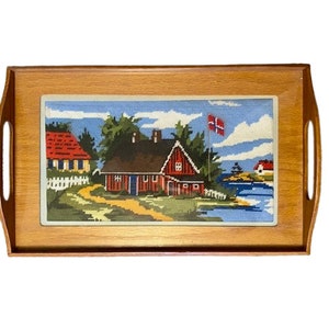 Wooden Tray Needlepoint Country Scene Under Glass Vintage 1970s