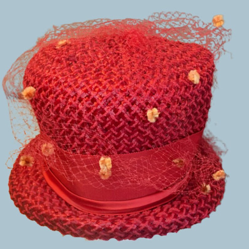 Parkridge Exclusives Vintage Red Straw Hat Red Netting Overlay