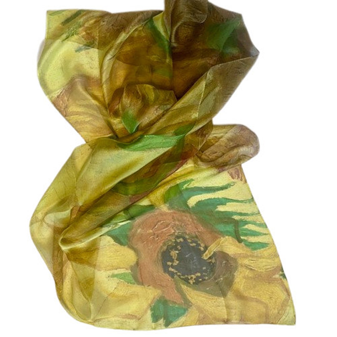 Sciarpa Quadrata In Pura Seta Con Girasoli Di Van Gogh, Fatta A Mano - Ciotola Con Girasoli
