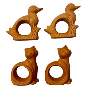 Napkin Rings Set of Four Two Ducks Two Cats Terra Cotta Ceramic Rustic Table Decor