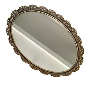 Vanity Tray Ormolu Large Oval Gold Mirror Oval Vintage 1970s Wall Mirror Glam Filigree Gold Frame