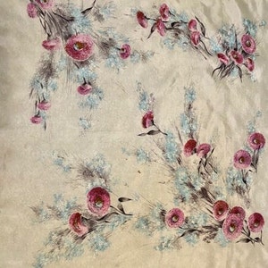 Silk Scarf Vintage 1960s Pale Green Purple Blue Floral Hand Rolled Hems Large Square