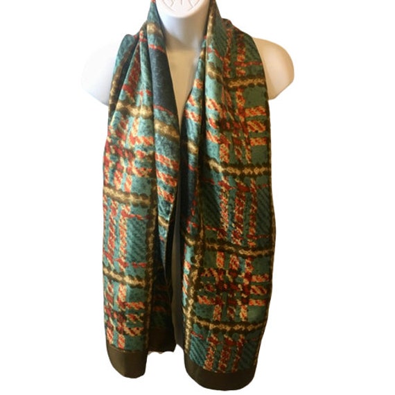 Scarf Plaid Silk Echo Oblong Teal Olive Orange Ha… - image 4