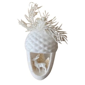 Acorn Deer Diorama Ornament Mid Century Vintage 1960s White Faux Foliage