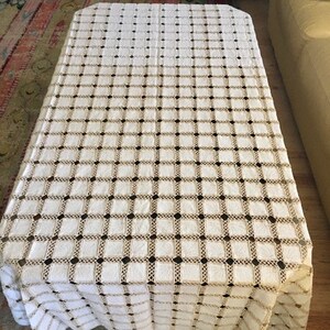 Patchwork Crochet Embroidery Hand Painted Vintage Combination Throw Tablecloth Ecru Ivory Handmade Farmhouse Cottage Decor