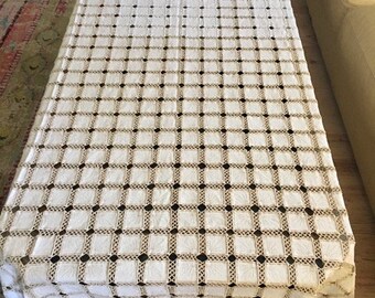 Patchwork Crochet Embroidery Hand Painted Vintage Combination Throw Tablecloth Ecru Ivory Handmade Farmhouse Cottage Decor
