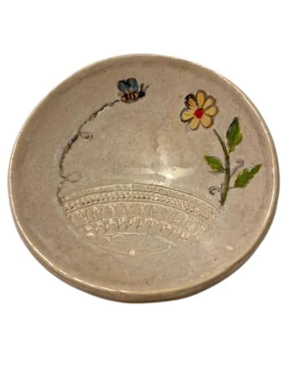 Ceramic Trinket Ring Dish Handmade Art Pottery Bee and Flower Artist Signed