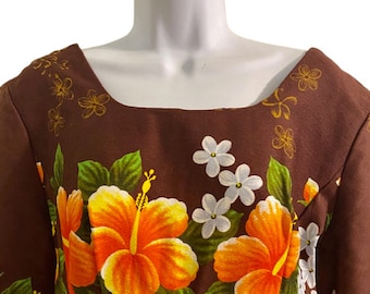 Hawaiian Maxi Dress Ui-Maikai Mid Century Vintage with New Original Tags 1960s Made in Hawaii Empire Waist Floral Size 16 Cotton