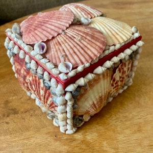 Shell Covered Trinket Jewelry Box Vintage 1970s Handmade Beach House Coastal Decor