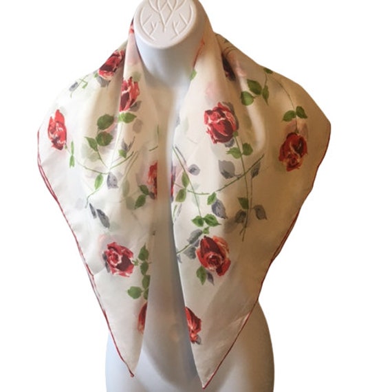 Silk Rayon Scarf Red Long Stemmed Red Roses Vinta… - image 2