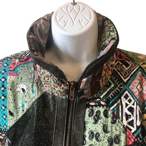 Leather Mixed Print Fabric Winlit Jacket  Vintage… - image 7