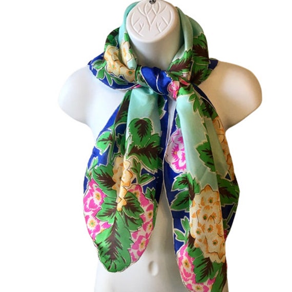 Scarf Silk Bold Color Floral Hydrageas Vintage 40… - image 3