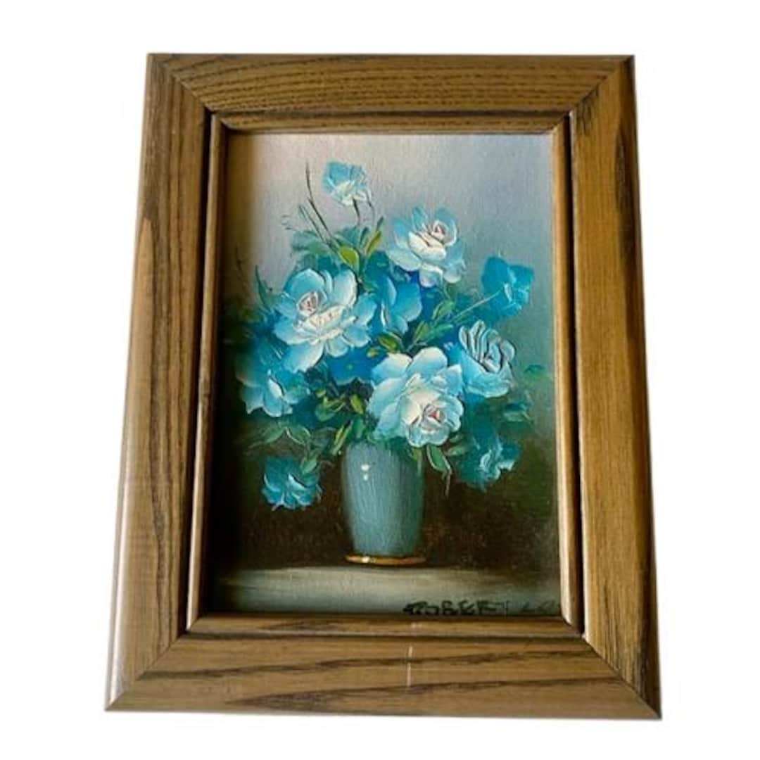 オリジナルアクリル画「バラの花の静物画」青の色合いとサイン入り額