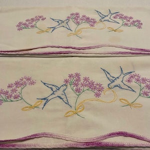 Pillowcases Set of Two Floral Birds Swallows Hand Embroidered Crochet Hems Cottage Farmhouse Decor Standard Size Purple Blue Yellow
